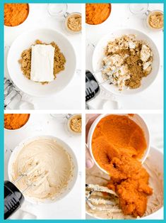 the steps to make carrot cake are shown in four different bowls, including cream cheese and butter