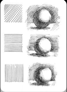 four different types of lines and shapes in black and white, each with one ball