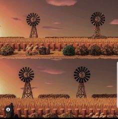 there are two pictures of windmills in the field