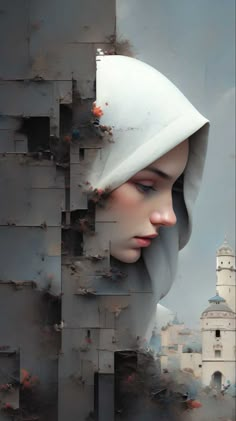 a woman's face is shown through a hole in the wall with buildings behind it