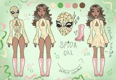 a drawing of a girl with long hair wearing boots and a bodysuit that says splata gal