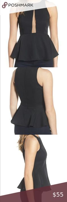 Trouv? Date Peplum Top NWOT SHIP SAME DAY Contoured seams and a flirty cutout with diamond-patterned tulle make this peplum-hem top perfect for a night out on the town. Fit: this style fits true to size. - Hidden back-zip closure - Jewel neck - Cutaway shoulders - Approx. 23 1/2" length Fiber Content 100% polyester Care Hand Wash Cold Additional Info True to size S=4-6, 121896 Trouve Tops Night Out Tops, Sequin Blouse, Red Tank Tops, Cold Shoulder Blouse, Black And White Tops, Peplum Hem, Hem Top, Sleeveless Crop Top, Jewel Neck