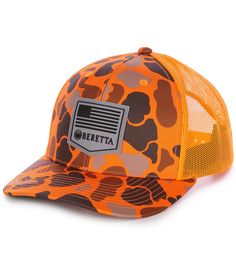 From Beretta&#x2C; this cap features:Embroidered Beretta flag patch on frontInner cotton sweatbandPre-curved visorAdjustable snapback closureCotton/polyesterSpot cleanImported. Orange Trucker Hat, Flag Patches, Outdoor Apparel, Dillard's, Trucker Cap, Trucker Hat, Camo, Accessories Hats, Mens Accessories