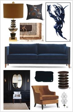 a living room with blue furniture and accessories