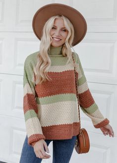 "More To See" Rust/Green Colorblock Sweater – Adorabelles Mock Neck, Color Blocking, Rust