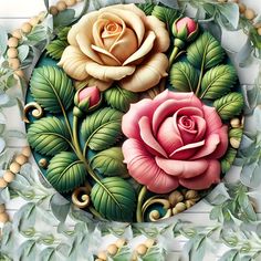 a painting of two roses surrounded by leaves