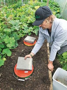 a man in a hat is working in the garden with an orange and black object