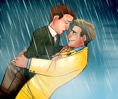 two men hugging each other in the rain, one man is wearing a suit and the other has a tie