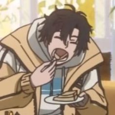 an anime character eating food with his mouth open