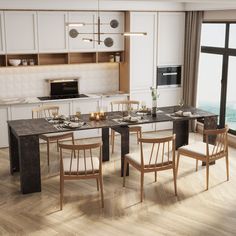 a modern kitchen with an island table and chairs