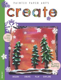 the front cover of an art book with snowflakes and christmas trees on it