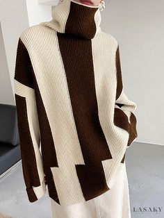 Lasaky - Classic Design Striped Turtleneck Sweater for Women's Wear Tricotin Long, Oversized Turtleneck Sweater, Smart Business, Oversized Turtleneck, Ladies Turtleneck Sweaters, Loose Pullover, Spring Sweater, Striped Turtleneck, Womens Turtleneck