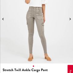 Spanx Twill Ankle Cargo Pant Petite Small Color: Desert Dune. (Color Is Darker In Person Than Appears On The Site And It’s Also More Dark Grey Then Khaki Imo) Inseam: 27.5” Waist: 13” Laying Flat. I’m Really Frustrated These Don’t Fit Me But I’m Hoping They’ll Work Better For Someone Else! They Run A Full Size Small So I Would Say These Are An Xs And Will List Them As Such Even Tho They Are A Small. I’m 4’11, 115 Lbs And My Waist Is 28.5”. They Are Also Petite So They’ll Fit Anyone Shorter Then High Rise Stretch Khaki Pants, Khaki High Rise Stretch Pants, Spring Stretch Cargo Style Jeans, Khaki Stretch Mid-rise Bottoms, Fitted Cargo Style Ankle-length Bottoms, Fitted Cargo Style Ankle-length Pants, Fitted Mid-rise Cargo Pants For Spring, Fitted Mid-rise Spring Cargo Pants, Mid-rise Stretch Cargo Pants