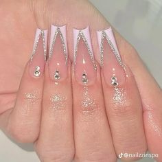 Girly Nails Acrylic Classy, Gem French Tip Nails, Nail Designs Gems, Girly Nails Acrylic, French Tip With Gems, French Tips With Gems, Nails Girly, Acrylic Nail Designs Coffin, Girly Nails