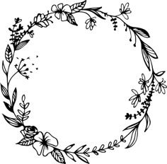 a black and white drawing of a circle with flowers on it's sides, surrounded by leaves