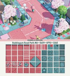 an image of a city with lots of pink and blue tiles on the ground,