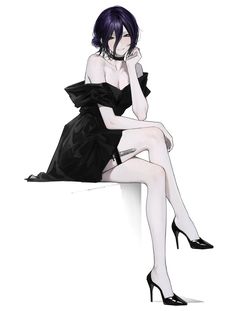 a woman sitting on top of a white wall wearing high heels and a black dress