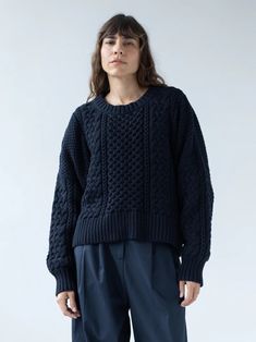 Shaina Mote | Fisherman Sweater in Navy Cable Knit Pattern, Cotton Plant, Fisherman Sweater, Fit Details, Honeycomb Pattern, Cable Sweater, Knitwear Tops, Knit Pattern, Cherry Red