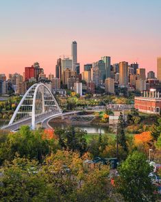 the city skyline is lit up with colorful trees and buildings in the foreground, as well as an arched bridge over a river