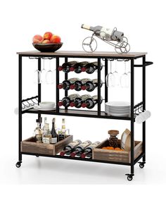 a wine rack with bottles, glasses and plates on it in front of a white background