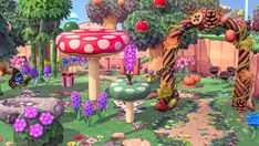 an animated garden with lots of plants and flowers on the ground, including mushrooms, trees,