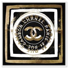 the chanel logo is shown in gold and black on an old paper textured background