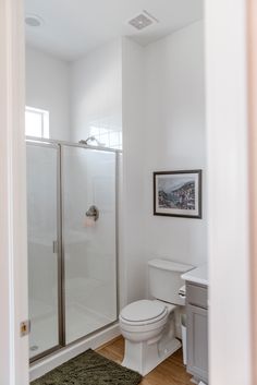 a bathroom with a toilet, shower and rug