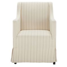 an upholstered chair with a white stripe pattern on the back and armrests