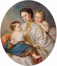 a painting of two women and a child