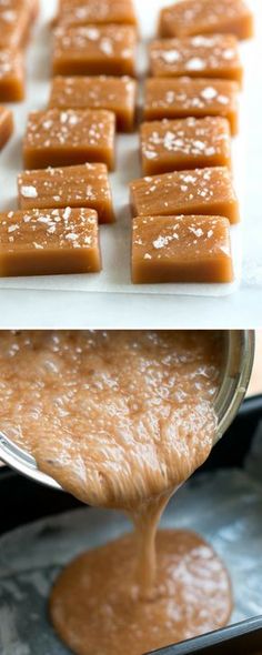 there are several pieces of caramel on top of each other and being poured onto the pan