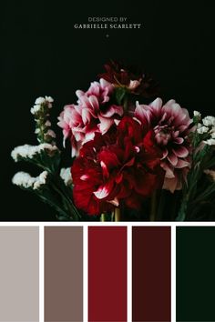 a bunch of flowers that are in some color swatches with the words, red and green