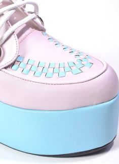 Material: Faux leather ,PU Heel height 3" Lace Up Shoes Color: Pink, Blue Pastel Platforms, Pink Lace-up Platform Sneakers For Spring, Pink Platform Lace-up Sneakers, Pastel Platform Boots, Pink Platform Lace-up Boots With Round Toe, Candy Pastel, Platform Creepers, Denim Hoodie, Bat Pattern