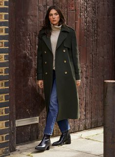 Ingrid Belted Wool Trench Coat - Dark Olive | Baukjen Long Green Coat Outfit, Trench Coat Outfit Women, True Winter Outfits, Black Wool Coat Women, Wool Coat Outfit, Peacoat Women, Coat Ideas, Longline Trench Coat, Long Coat Outfit