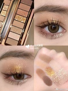 Gold Asian Makeup, Make Up Mata Korea, Make Up Korea, Gold Eyeshadow Tutorial, Korean Beauty Makeup, Gold Eye Makeup Tutorial, Golden Eye Makeup, Gold Makeup Looks