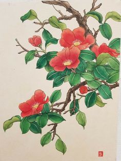 Korean Painting, Flower Drawing Tutorials, Watercolor Painting Techniques, Floral Poster, Korean Art, China Art, Japanese Painting, Art Drawings For Kids, Leaf Art