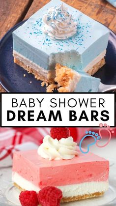 These Blue Raspberry Cream and Raspberry Cream Dream Bars make a perfect sweet treat for summer or a gender reveal party or baby shower! Classic raspberry cheesecake bars are tinted blue and pink with a creamy whipped topping and blue sprinkles in this easy, fun, and no bake dessert recipe. Layered Jello Recipe, Gender Reveal Dessert, Raspberry Jello, Raspberry Cheesecake Bars, Blue Sprinkles, Layered Jello, Raspberry Bars, Dream Bars, Jello Desserts