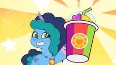 the pony is holding up a drink in front of her face and stars on the background