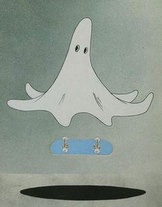 an image of a ghost on a skateboard in the air with it's eyes closed