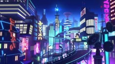 an animated cityscape with neon lights at night