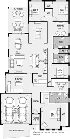 the floor plan for a two story house with three car garages and an attached living area