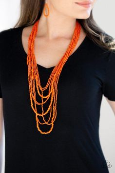 Varying in size, row after row of vivacious orange seed beads cascade down the chest, creating summery layers. Features an adjustable clasp closure. Sold as one individual necklace. Includes one pair of matching earrings. P2SE-OGXX-207XX Trendy Fringe, Hanging Necklaces, Colorful Frames, Orange Necklace, Distressed Texture, Heart Frame, Ball Necklace, Color Naranja, Paparazzi Accessories