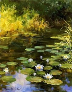 a painting of water lilies in a pond