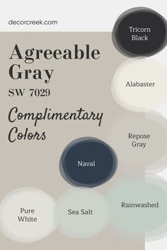 This image showcases a curated palette of complementary colors for Agreeable Gray SW 7029 by Sherwin Williams. The palette features a harmonious blend of neutrals and bold tones, including soft shades like Rainwashed and Sea Salt alongside deeper accents like Tricorn Black and Naval. Designed to evoke balance and style, this versatile selection enhances any interior with timeless elegance and modern flair. Sw Agreeable Gray Coordinating Colors, Colors That Go With Sw Agreeable Gray, Sw7029 Agreeable Gray, Tricorn Black Palette, Agreeable Gray With Pure White Trim, Agreeable Gray With Light Wood Floors, Trim Color With Agreeable Gray, Sherwin Williams Whole House Colors, Agreeable Gray Alabaster