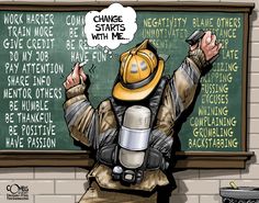 a fireman in front of a chalkboard with writing on it and a thought bubble above his head