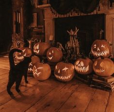 a black cat standing next to pumpkins on a wooden floor in front of a fireplace