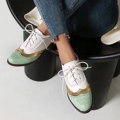 Shop Green and White Retro Wingtip Women's Oxford Shoes Round Toe Lace up Work Shoes color Green for Anniversary, Date, Going out, Hanging out, School, Work with worldwide Free shipping & Free return. Green Pointed Toe Oxfords With Rubber Sole, Green Round Toe Oxfords For Office, Green Oxfords With Brogue Detailing And Pointed Toe, Green Pointed Toe Oxfords With Brogue Detailing, Spring Oxfords With Rubber Sole And Pointed Toe, Spring Pointed Toe Oxfords, White Pumps Wedding, Ivory Heels Wedding, Women's Oxford Shoes