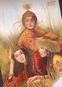 a painting of three women sitting in the grass