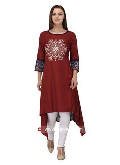 Designer Kurtis Online, Kurti Style, Angrakha Style, Kurta Patterns, Embroidered Kurti, Designer Kurti Patterns, Kurti Patterns, Kurta Neck Design, A Line Kurta