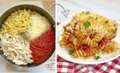 two pictures side by side, one with pasta and the other with chicken parmesan