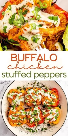 buffalo chicken stuffed peppers with ranch dressing on top and in the background, are shown